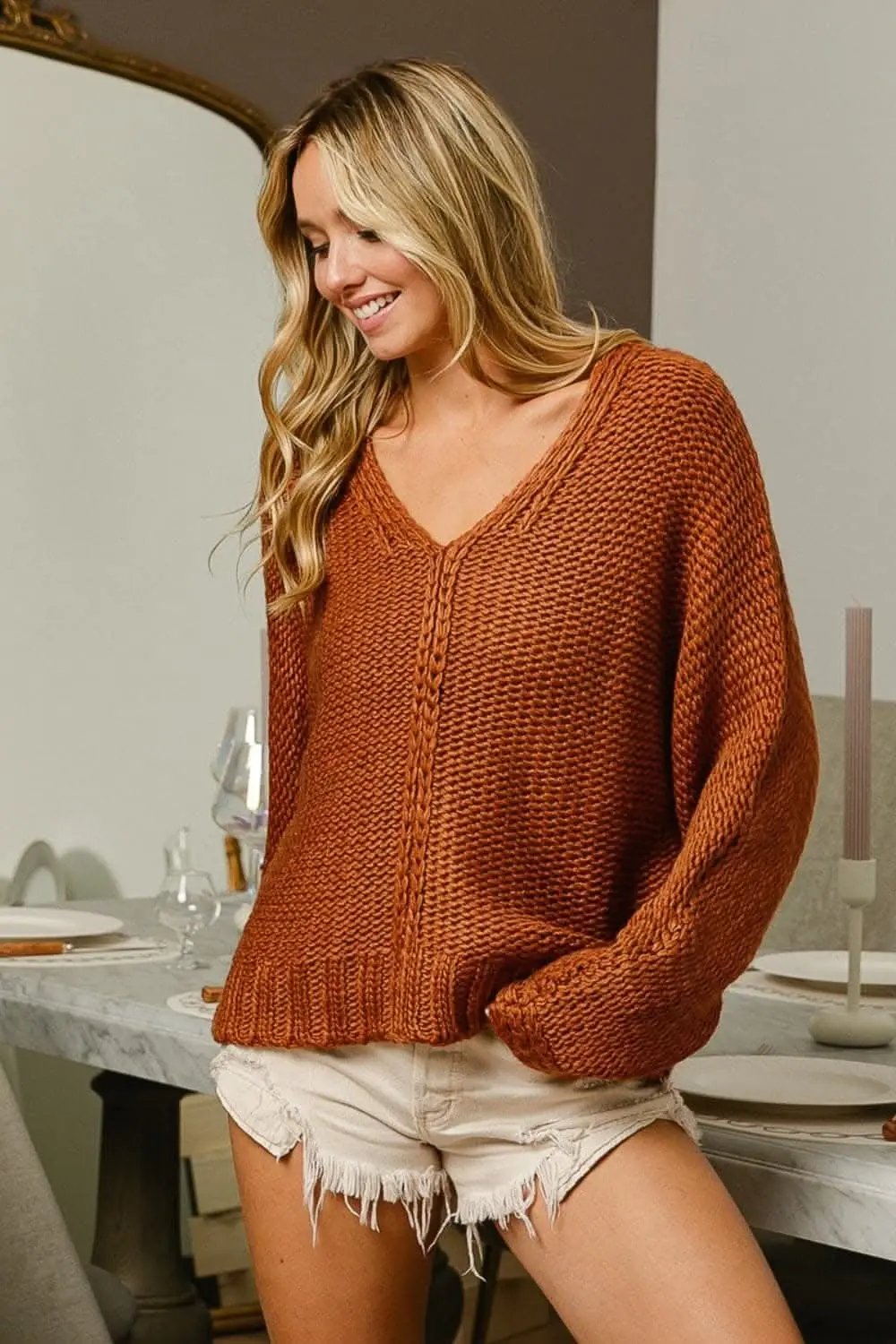 Chic v-neck cable knit sweater for winter elegance - Love Salve